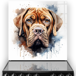 Dogue de Bordeaux kitchen splashback art in amber and sienna with watercolour splashes