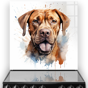 Artistic printed Dogue de Bordeaux kitchen splashback featuring warm hues and splatter art