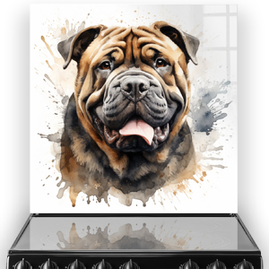 A Chinese Shar-Pei dog printed kitchen splashback with splashes of brown and beige