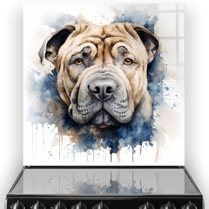 Chinese Shar-Pei dog illustrated kitchen splashback art in beige, brown, and navy blue