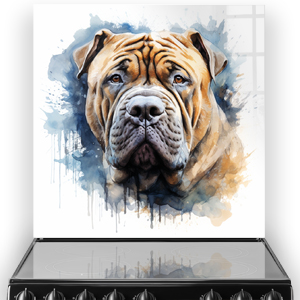 A printed kitchen splashback with an artistic rendition of a Chinese Shar-Pei dog in watercolour style