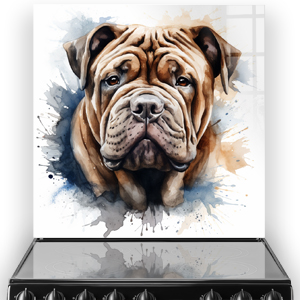 Artistic Chinese Shar-Pei printed kitchen splashback with beige, cream, grey, and blue tones