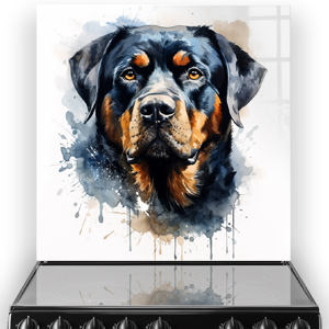 Artistic Rottweiler kitchen splashback with a vibrant watercolour painting of a Rottweiler against a light background