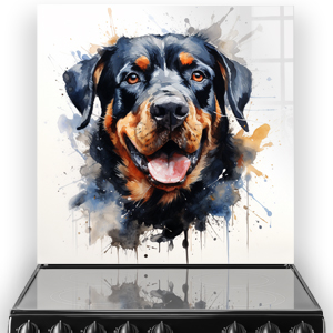 Artistic printed Rottweiler splashback with abstract watercolour in kitchen setting