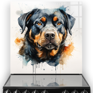 Artistic printed Rottweiler kitchen splashback featuring a Rottweiler portrait in watercolour with blue and orange accents