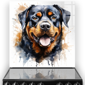Artistic Rottweiler printed kitchen splashback featuring vibrant watercolour splashes in amber and sienna