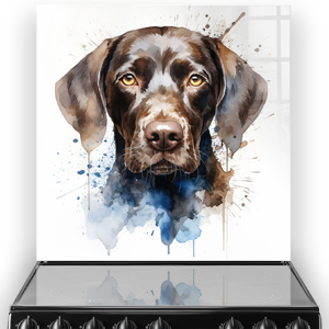A German Short Haired Pointer splashback art in a kitchen setting with brown, beige, white, and blue colours