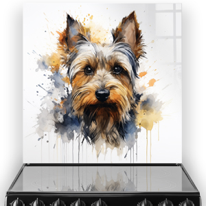 Artistic watercolour Yorkshire Terrier kitchen splashback with vibrant colours