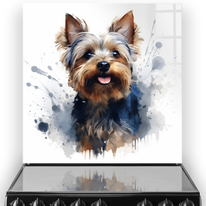 Adorable painted Yorkshire Terrier, Dolly, on kitchen splashback with abstract watercolour splashes in background