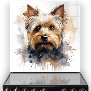 Printed Yorkshire Terrier kitchen splashback with artistic watercolour design in brown, tan, and grey tones