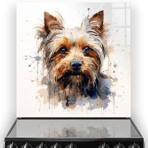 Artistic printed Yorkshire Terrier splashback in a kitchen, showcasing watercolour effects in tan, blue, and grey colours.
