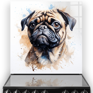 Artistic printed Pug splashback in a kitchen, showcasing expressive eyes and watercolour splashes in white, brown, and blue