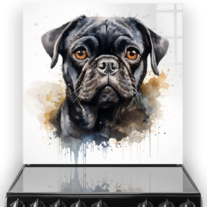 The Scooby Pug Expression printed splashback with a detailed illustration of a Pug in shades of black, beige, and sepia against a white background.