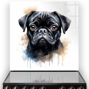 Artistic Pug printed splashback in a kitchen with a blend of sepia, black, and blue watercolour accents