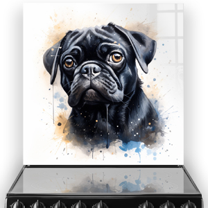Artistic Pug breed printed kitchen splashback with abstract colour splashes