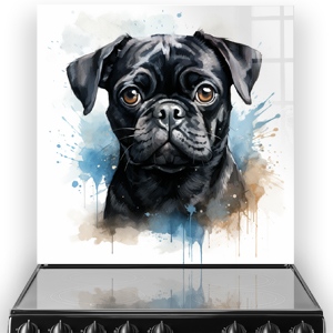 Printed Pug dog kitchen splashback with blue and brown watercolour backdrop