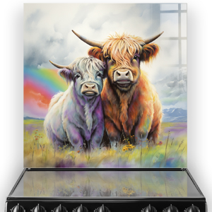 Vibrant highland cows kitchen splashback art with rainbow and scenic backdrop