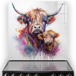 "Highland Cows Rainbow Art on Kitchen Splashback with Vibrant Watercolour Background"