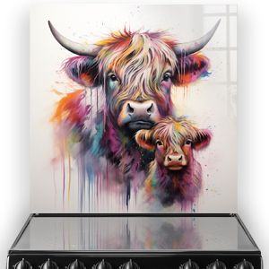 Highland cow duo against a vibrant watercolour splash kitchen splashback