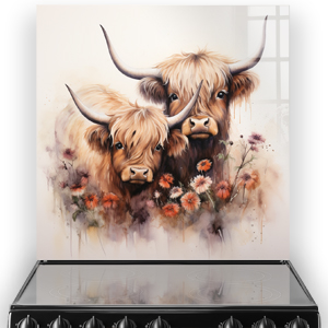 Illustration of two highland cows on a kitchen splashback with a warm, earth-toned colour palette