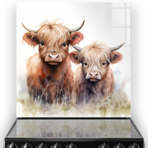 A kitchen splashback featuring two highland cows with rich brown fur against a soft, neutral-toned background.