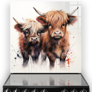 "Highland cow art on kitchen splashback with earthy colours and artistic splashes"