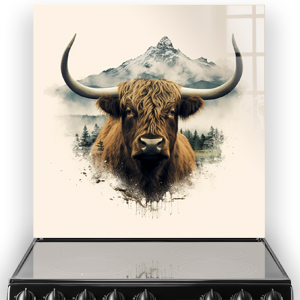 Highland cow kitchen splashback art with mountain backdrop in sepia tones