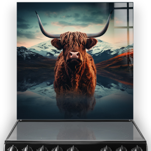 Highland cow with large horns standing before a mountainous landscape and reflected in a calm lake on a kitchen splashback.
