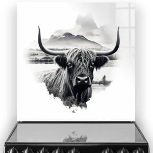 Elegant Highland cow printed kitchen splashback art in monochromatic shades with Scottish Highlands backdrop