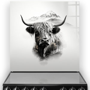 Artistic kitchen splashback with a monochromatic highland cow design overlooking misty mountains and forest