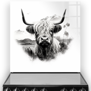 Monochromatic highland cow kitchen splashback art in black and white with mountain and flower scenery