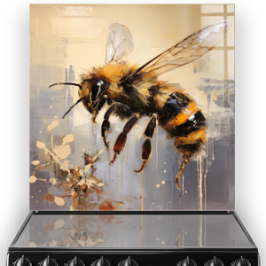 Bee-themed kitchen splashback with hand-painted design in amber, black, and cream tones on neutral background
