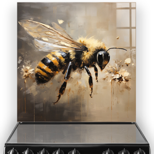 Stylish kitchen splashback with a detailed bee illustration in amber, black, and white tones