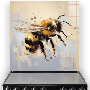Artistic bee design kitchen splashback with vibrant amber, black, and cream colours on a neutral backdrop.