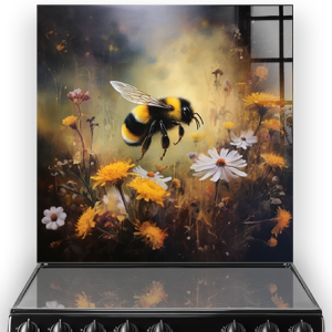 Hand-painted bumble bee on floral background kitchen splashback art with soft atmospheric effects in an English countryside style.