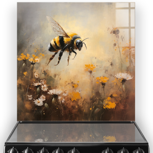 Artistic kitchen splashback featuring a detailed bumble bee among soft focus floral designs, with warm hues and a tranquil vibe.