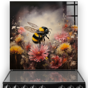 Splendid bumble bee canvas art on kitchen splashback with English countryside floral design and hand-painted details.