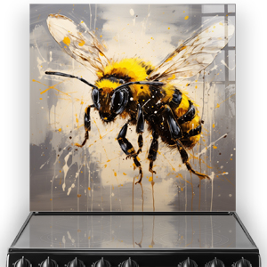Artistic bee splashback with vibrant yellow, black, and grey brushstrokes, installed above a stove.