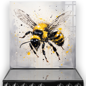 Vibrant bee splashback art with bold brushstrokes in black and yellow on a muted grey background