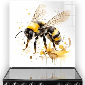 Artistic bee splashback design with yellow, black, and caramel brushstrokes