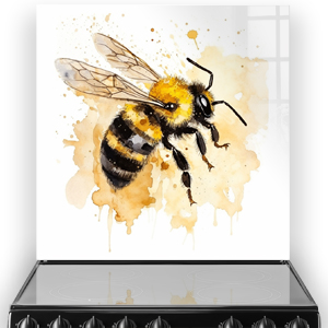Abstract bee artwork with bold brushstrokes in amber, gold, and black on kitchen splashback