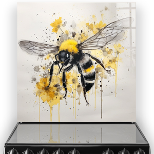 Abstract bee art on kitchen splashback with yellow and black brushstrokes