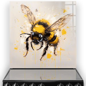 Artistic bee design on a kitchen splashback with bold brushstrokes in black, yellow, and cream
