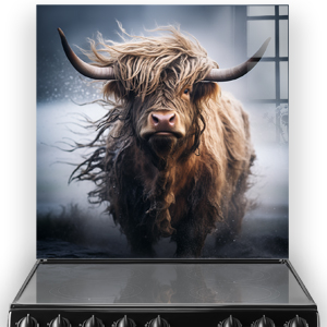 Highland cow printed glass splashback with earthy tones in a stylish kitchen. The fur of the cow is blowing in the wind.