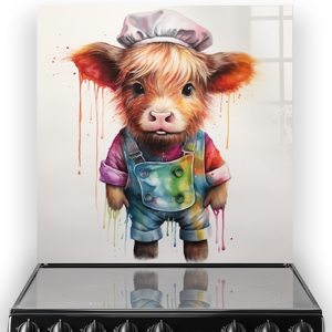 Whimsical Highland Cow in Chef Attire Printed Kitchen Splashback Art