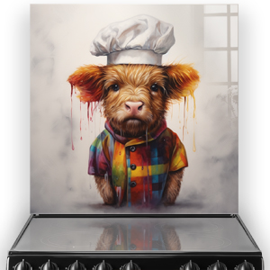Whimsical Highland cow in chefs hat on a splashback