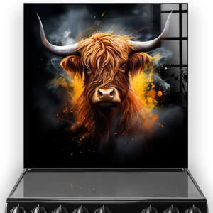 Highland cow with a fiery backdrop printed glass splashback for a kitchen