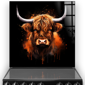 Dramatic highland cow kitchen splashback art with fiery orange and amber tones on a black background