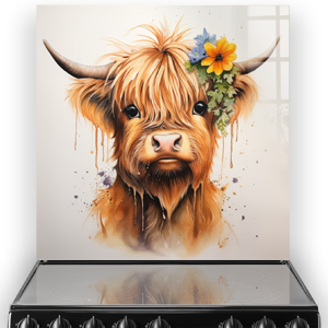 Artistic Highland cow kitchen splashback design with brown, amber tones, and a blue flower