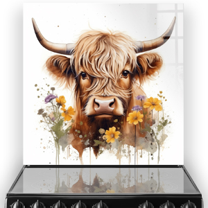 Highland cow and floral art on kitchen splashback over cooker.